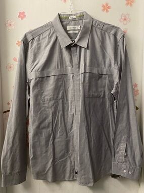 Calvin Klein Gray Slim Fit Men's Button Shirt with Lime Trim